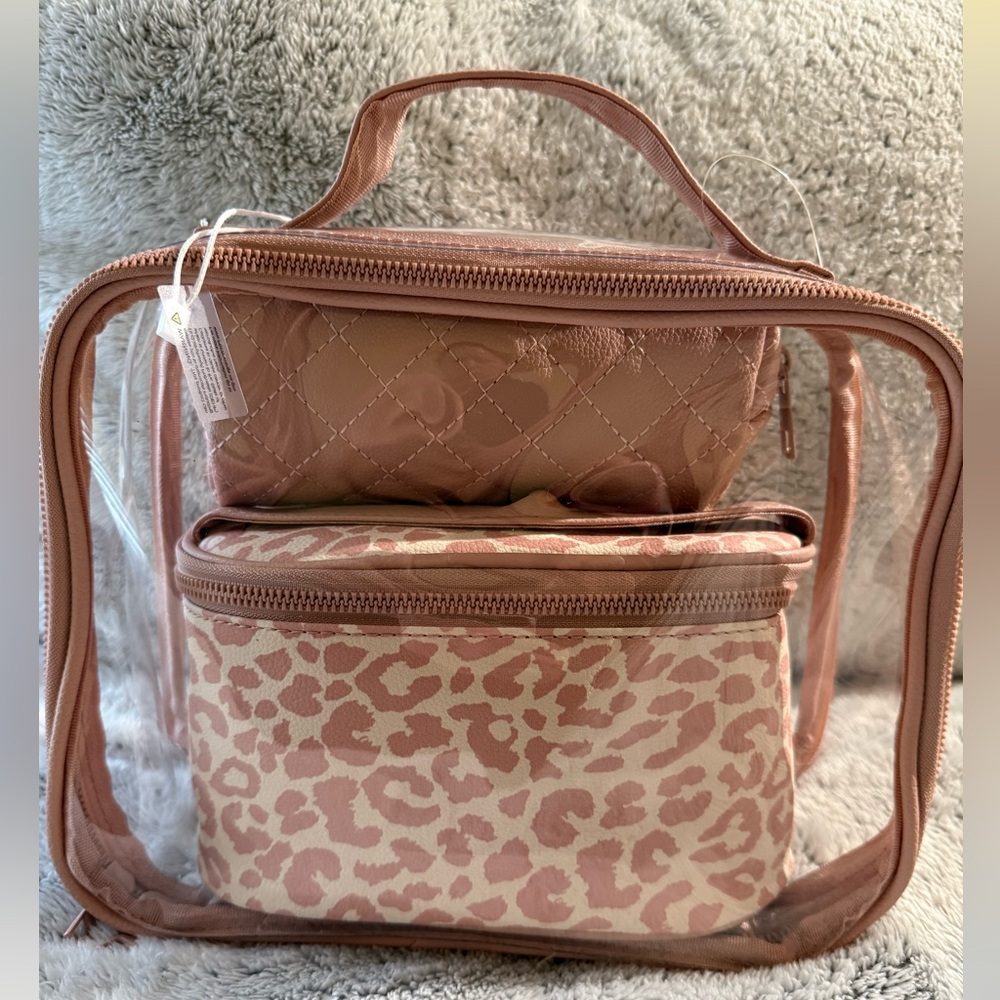 Women’s Clear Travel - Cosmetic Bag Set in Blush Leopard. 3 Piece - Picture 3 of 16
